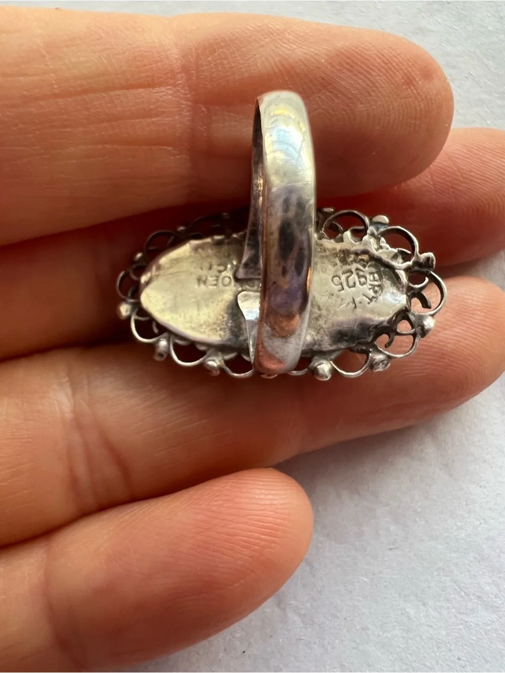 Artisan Signed Silver Ring with Teal-Green Oval Stone